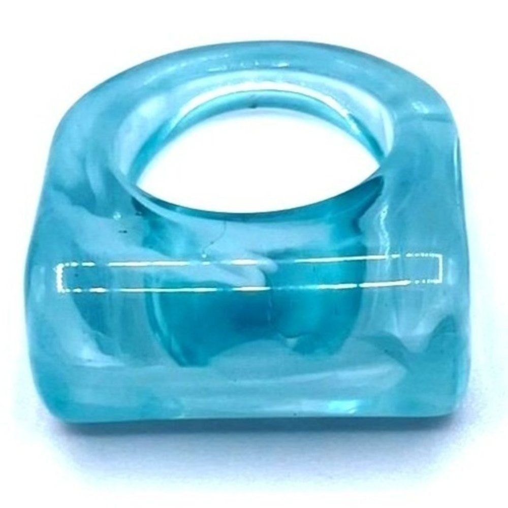 Blue and White Swirl Acrylic Geometric Barrel Chunky Statement Ring Size 6